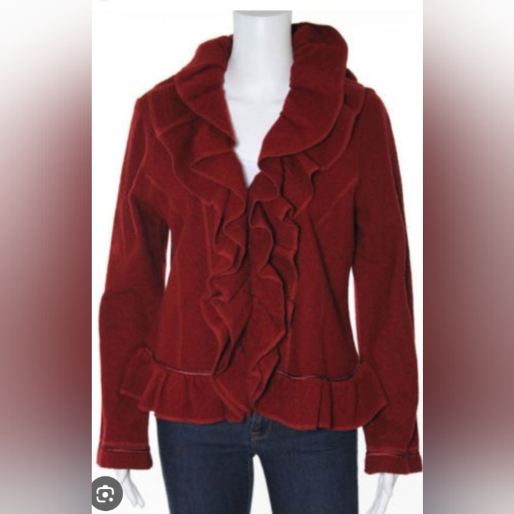 Magaschoni 100% Wool Ruffle Trim Cardigan Jacket Size M